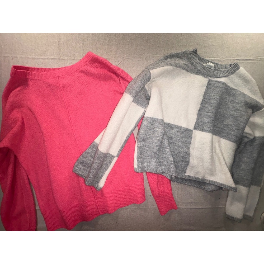 Loft Pink Crewneck & Faith Zoe Checkered Sweater Bundle Womens Small 2pc Set